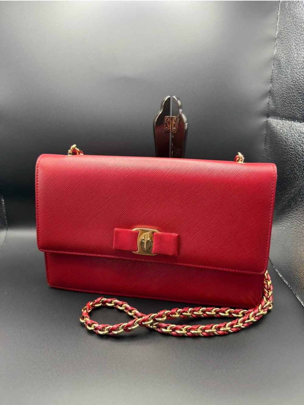 Salvatore Ferragamo Red Leather Vara Chain Crossbody